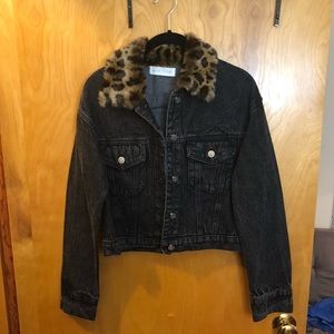 Black jean jacket with cheetah fur